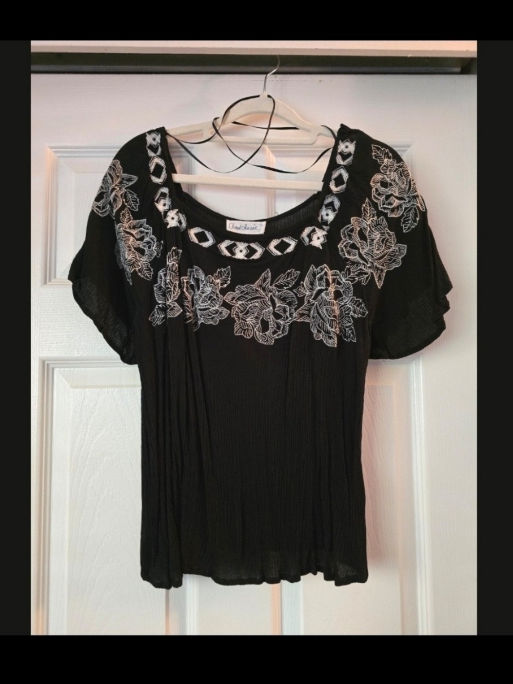Cloud Chaser Black Short-Sleeve Embroidered Scoop Neck Top